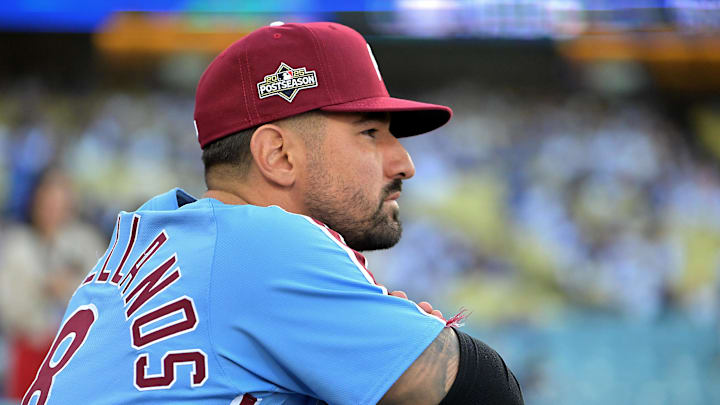 Oct 8, 2025; Los Angeles, California, USA; Philadelphia Phillies right fielder Nick Castellanos (8) looks on from the dugout during game three of the NLDS of the 2025 MLB playoffs against the Los Angeles Dodgers at Dodger Stadium.