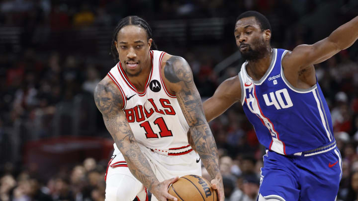 Feb 3, 2024; Chicago, Illinois, USA; Chicago Bulls forward DeMar DeRozan (11) drives to the basket against the Sacramento Kings during the first half at United Center. Mandatory Credit: Kamil Krzaczynski-USA TODAY Sports