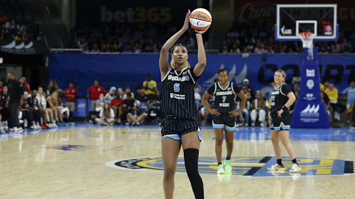 Jul 9, 2025; Chicago, Illinois, USA; Chicago Sky forward Angel Reese (5) shoots a free throw against the Dallas Wings during the second half of a WNBA game at Wintrust Arena. Jul 9, 2025; Chicago, Illinois, USA; Chicago Sky forward Angel Reese (5) shoots a free throw against the Dallas Wings during the second half of a WNBA game at Wintrust Arena.