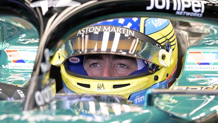 Jun 7, 2024; Montreal, Quebec, CAN; Aston Martin driver driver Fernando Alonso (ESP) in the pit lane during the practice session at Circuit Gilles Villeneuve. Mandatory Credit: Eric Bolte-Imagn Images