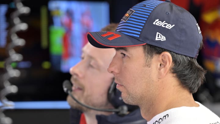 Jun 7, 2024; Montreal, Quebec, CAN; Red Bull Racing driver Sergio Perez (MEX) in the pit lane during the practice session at Circuit Gilles Villeneuve. Mandatory Credit: Eric Bolte-Imagn Images