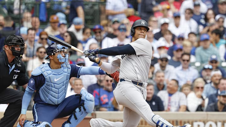 New York Yankees outfielder Juan Soto (22) singles against the Chicago Cubs during the third inning at Wrigley Field on Sept 6.