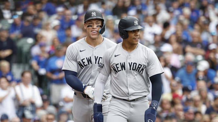 New York Yankees outfielder Aaron Judge (99) and New York Yankees outfielder Juan Soto (22) celebrate after scoring against the Chicago Cubs during the third inning at Wrigley Field on Sept 6.