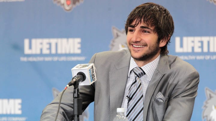 Jun 21, 2011; Minneapolis, MN, USA: Minnesota Timberwolves draft pick Ricky Rubio speaks at a press conference at Target Center. Mandatory Credit: Jesse Johnson-USA TODAY Sports