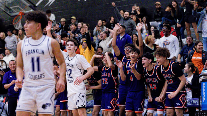 The Eastlake bench celebrates during a District 1-6A boys basketball game against Franklin at Franklin High School in El Paso, Texas, on Friday, Jan. 9, 2026.