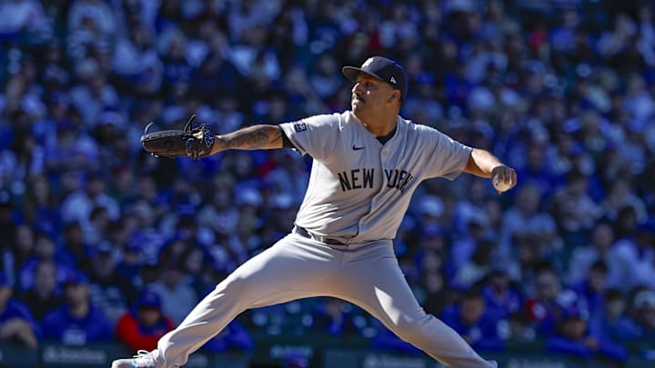 Sep 7, 2024; Chicago, Illinois, USA; New York Yankees relief pitcher Nestor Cortes (65) delivers a pitch against the Chicago Cubs during the eight inning at Wrigley Field. Mandatory Credit: Kamil Krzaczynski-Imagn Images