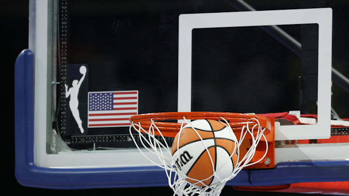 Aug 3, 2025; Chicago, Illinois, USA; Wilson basketball is seen next to WNBA logo before a game between the Chicago Sky and Phoenix Mercury at Wintrust Arena. Mandatory Credit: Kamil Krzaczynski-Imagn Images Aug 3, 2025; Chicago, Illinois, USA; Wilson basketball is seen next to WNBA logo before a game between the Chicago Sky and Phoenix Mercury at Wintrust Arena. Mandatory Credit: Kamil Krzaczynski-Imagn Images