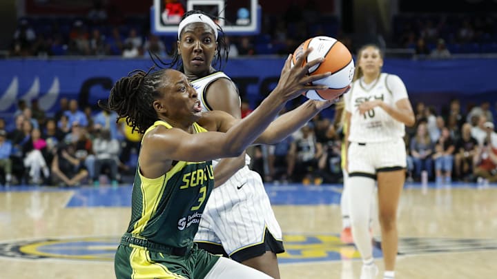 Jul 24, 2025; Chicago, Illinois, USA; Seattle Storm forward Nneka Ogwumike (3) drives to the basket against the Chicago Sky during the second half at Wintrust Arena. 