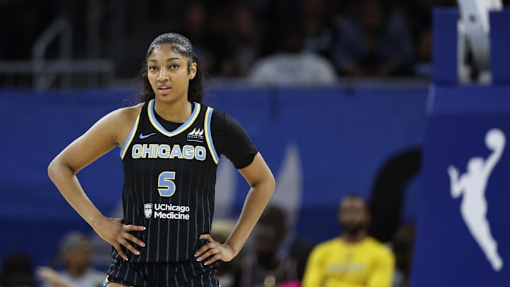 Chicago Sky forward Angel Reese (5) looks on during the first half of a basketball game against the Las Vegas Aces at Wintrust Arena.