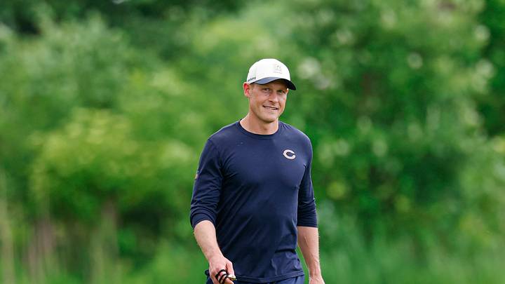 Jun 9, 2026; Lake Forest, IL, USA; Chicago Bears head coach Ben Johnson walks on the field during Chicago Bears Minicamp at Halas Hall. Mandatory Credit: Kamil Krzaczynski-Imagn Images