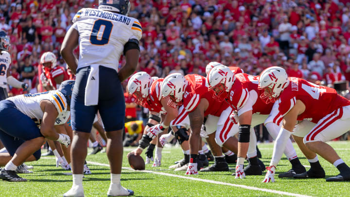 Nebraska's offensive line readies to take on the UTEP defense during the second quarter vs. UTEP, Aug. 31,  2024.