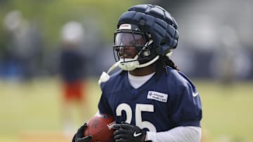 Jul 24, 2025; Lake Forest, IL, USA; Chicago Bears cornerback Nahshon Wright (25) runs with the ball during training camp at Halas Hall. Mandatory Credit: Kamil Krzaczynski-Imagn Images