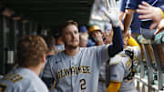 Aug 21, 2025; Chicago, Illinois, USA; Milwaukee Brewers second baseman Brice Turang (2) celebrates with teammates in the dugout after hitting a two-run home run against the Chicago Cubs during the second inning at Wrigley Field. Mandatory Credit: Kamil Krzaczynski-Imagn Images