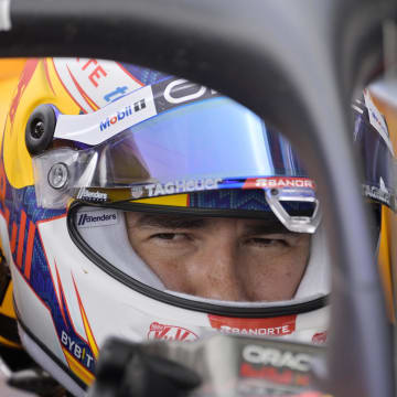 Jun 8, 2024; Montreal, Quebec, CAN; Red Bull Racing driver Sergio Perez (MEX) in the pit lane at Circuit Gilles Villeneuve. Mandatory Credit: Eric Bolte-USA TODAY Sports