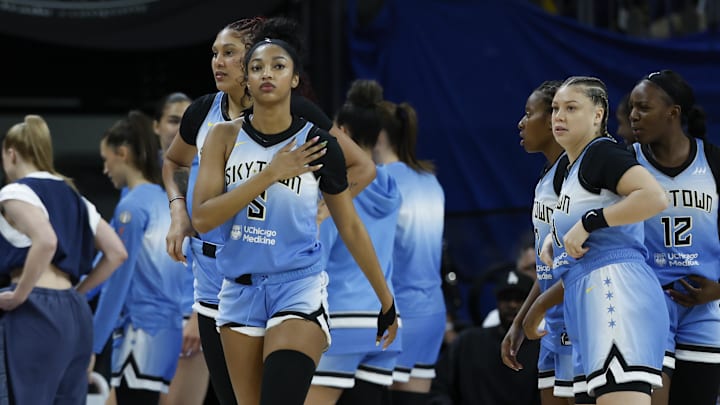 Sep 3, 2025; Chicago, Illinois, USA; Chicago Sky forward Angel Reese (5) walks on the court next to her teammates before a WNBA game against the Connecticut Sun at Wintrust Arena. Mandatory Credit: Kamil Krzaczynski-Imagn Images