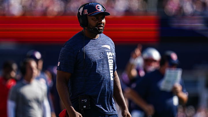 Sep 15, 2024; Foxborough, Massachusetts, USA; New England Patriots head coach Jerod Mayo watches from the sideline as they take on the Seattle Seahawks at Gillette Stadium.