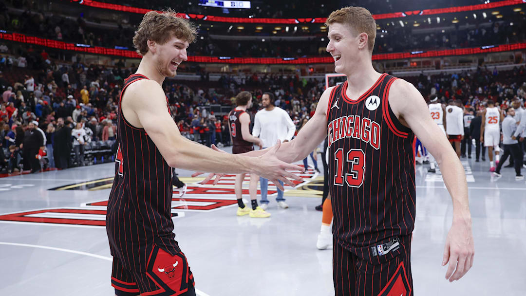 Oct 31, 2025; Chicago, Illinois, USA; Chicago Bulls forward Matas Buzelis (14) celebrates with guard Kevin Huerter (13) after team's win against the New York Knicks at United Center. Mandatory Credit: Kamil Krzaczynski-Imagn Images Oct 31, 2025; Chicago, Illinois, USA; Chicago Bulls forward Matas Buzelis (14) celebrates with guard Kevin Huerter (13) after team's win against the New York Knicks at United Center. Mandatory Credit: Kamil Krzaczynski-Imagn Images