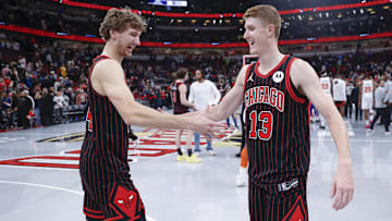 Oct 31, 2025; Chicago, Illinois, USA; Chicago Bulls forward Matas Buzelis (14) celebrates with guard Kevin Huerter (13) after team's win against the New York Knicks at United Center. Mandatory Credit: Kamil Krzaczynski-Imagn Images