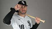 Chicago White Sox right fielder Mike Tauchman (18) poses for a photo on media day at the team’s spring training facility in Glendale, AZ.  