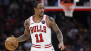 Feb 3, 2024; Chicago, Illinois, USA; Chicago Bulls forward DeMar DeRozan (11) brings the ball upcourt against the Sacramento Kings during the first half at United Center. 