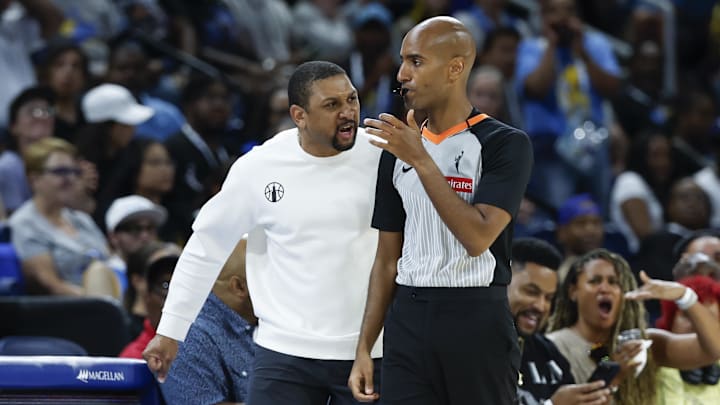 Aug 7, 2025; Chicago, Illinois, USA; Chicago Sky head coach Tyler Marsh protests a call against his team during the second half of a WNBA game against the Atlanta Dream at Wintrust Arena. Mandatory Credit: Kamil Krzaczynski-Imagn Images
