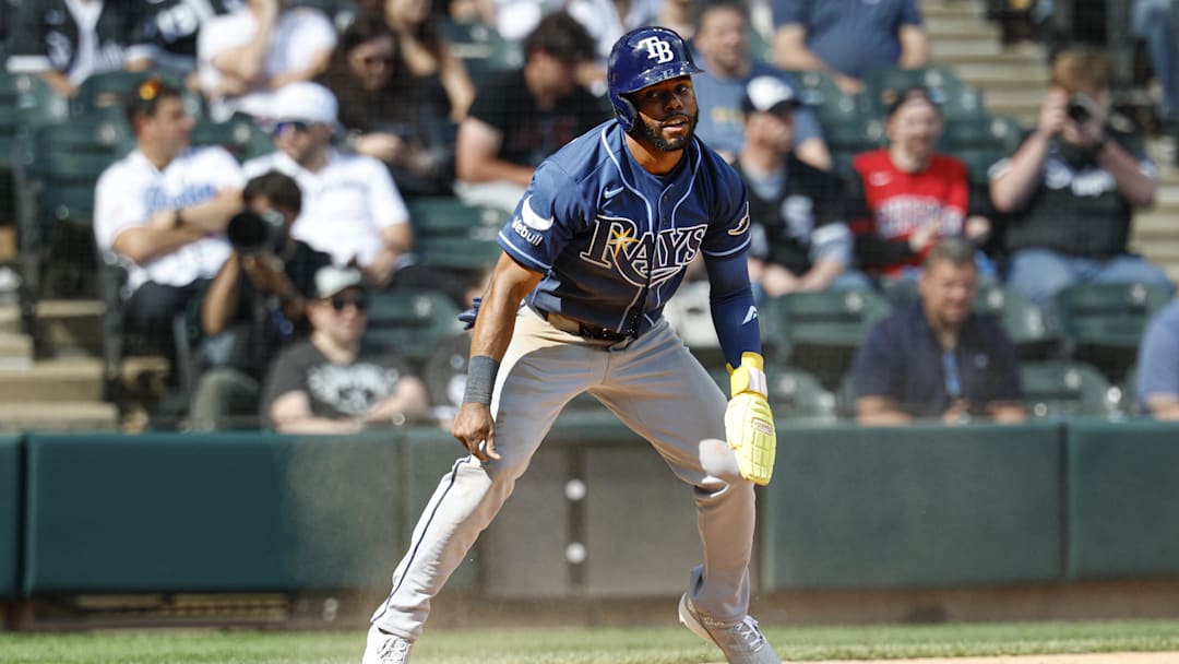 Apr 16, 2026; Chicago, Illinois, USA; Tampa Bay Rays center fielder Cedric Mullins (31) reacts after scoring against the Chicago White Sox during the seventh inning at Rate Field. Mandatory Credit: Kamil Krzaczynski-Imagn Images