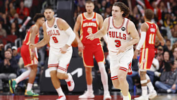 Oct 27, 2025; Chicago, Illinois, USA; Chicago Bulls guard Josh Giddey (3) celebrates after scoring against the Atlanta Hawks during the second half at United Center. Mandatory Credit: Kamil Krzaczynski-Imagn Images