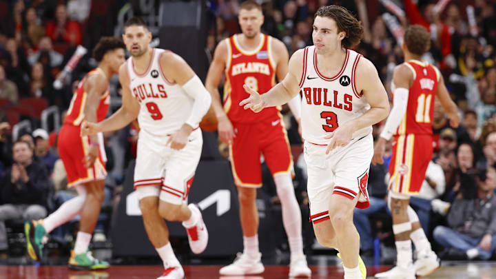 Oct 27, 2025; Chicago, Illinois, USA; Chicago Bulls guard Josh Giddey (3) celebrates after scoring against the Atlanta Hawks during the second half at United Center. Mandatory Credit: Kamil Krzaczynski-Imagn Images