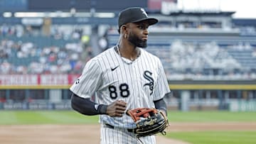 Jul 28, 2025; Chicago, Illinois, USA; Chicago White Sox center fielder Luis Robert Jr. (88) walks back to the dugout during the first inning of a baseball game against the Philadelphia Phillies at Rate Field.