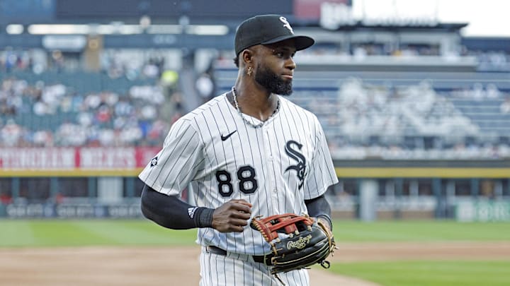 Jul 28, 2025; Chicago, Illinois, USA; Chicago White Sox center fielder Luis Robert Jr. (88) walks back to the dugout during the first inning of a baseball game against the Philadelphia Phillies at Rate Field.