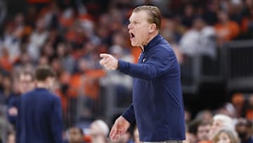 Nov 19, 2025; Chicago, Illinois, USA; Illinois Fighting Illini head coach Brad Underwood yells to his team during the second half at United Center. Mandatory Credit: Kamil Krzaczynski-Imagn Images