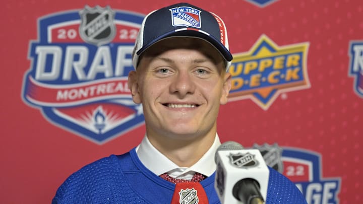 Jul 8, 2022; Montreal, Quebec, CANADA; Adam Sykora gives an interview after being selected by the New York Rangers in the second round of the 2022 NHL Draft at the Bell Centre. Mandatory Credit: Eric Bolte-Imagn Images