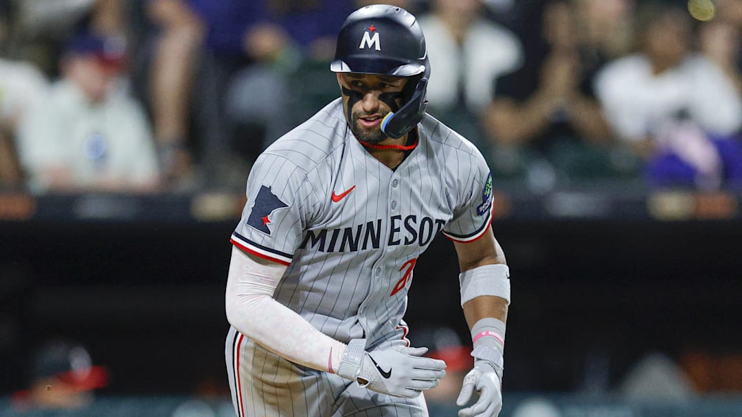 Aug 22, 2025; Chicago, Illinois, USA; Minnesota Twins third baseman Royce Lewis (23) runs after hitting a single against the Chicago White Sox during the ninth inning at Rate Field. Aug 22, 2025; Chicago, Illinois, USA; Minnesota Twins third baseman Royce Lewis (23) runs after hitting a single against the Chicago White Sox during the ninth inning at Rate Field.
