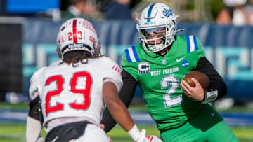 West Florida Argo Marcus Stokes runs down field during the NCAA Division II Playoffs against the Newberry Wolves Saturday, Nov. 29, 2025 at PenAir Field. The Newberry Wolves went on to beat the West Florida Argos 24-17.