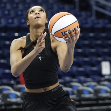 Chicago Sky forward Angel Reese (5) warms up before a WNBA game