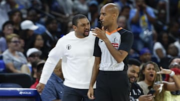 Aug 7, 2025; Chicago, Illinois, USA; Chicago Sky head coach Tyler Marsh protests a call against his team during the second half of a WNBA game against the Atlanta Dream at Wintrust Arena. Mandatory Credit: Kamil Krzaczynski-Imagn Images