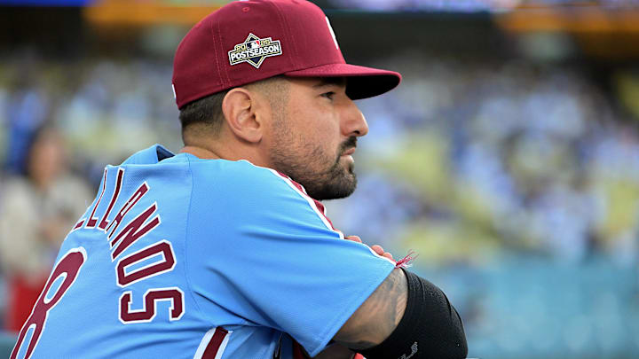 Oct 8, 2025; Los Angeles, California, USA; Philadelphia Phillies right fielder Nick Castellanos (8) looks on from the dugout during game three of the NLDS of the 2025 MLB playoffs against the Los Angeles Dodgers at Dodger Stadium. Mandatory Credit: Jayne Kamin-Oncea-Imagn Images