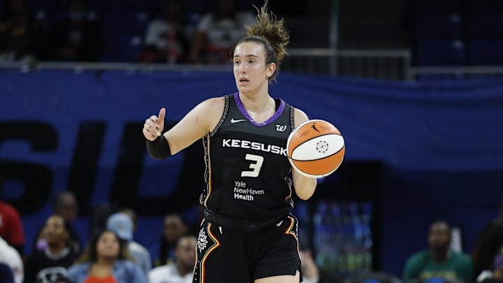 Connecticut Sun guard Marina Mabrey (3) brings the ball up court against the Chicago Sky during the first half at Wintrust Arena. Connecticut Sun guard Marina Mabrey (3) brings the ball up court against the Chicago Sky during the first half at Wintrust Arena.