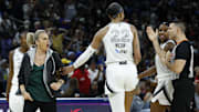 Aug 25, 2025; Chicago, Illinois, USA; Las Vegas Aces head coach Becky Hammon argues a call against her team during the second half of a WNBA game against the Chicago Sky at Wintrust Arena. Mandatory Credit: Kamil Krzaczynski-Imagn Images