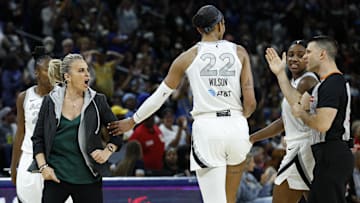 Aug 25, 2025; Chicago, Illinois, USA; Las Vegas Aces head coach Becky Hammon argues a call against her team during the second half of a WNBA game against the Chicago Sky at Wintrust Arena. Mandatory Credit: Kamil Krzaczynski-Imagn Images
