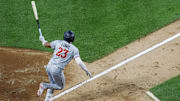 Aug 22, 2025; Chicago, Illinois, USA; Minnesota Twins third baseman Royce Lewis (23) watches his grand slam against the Chicago White Sox during the fourth inning at Rate Field.