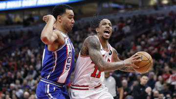 Feb 3, 2024; Chicago, Illinois, USA; Chicago Bulls forward DeMar DeRozan (11) drives to the basket against Sacramento Kings forward Trey Lyles (41) during the first half at United Center. Mandatory Credit: Kamil Krzaczynski-USA TODAY Sports