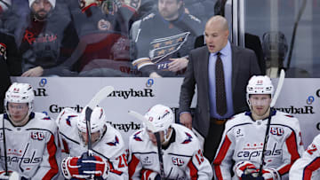 Dec 17, 2024; Chicago, Illinois, USA; Washington Capitals head coach Spencer Carbery directs his team against the Chicago Blackhawks during the second period at United Center. Mandatory Credit: Kamil Krzaczynski-Imagn Images
