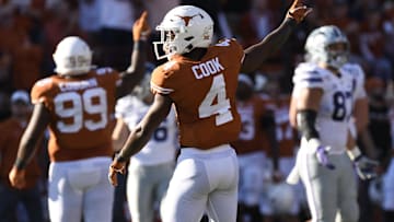 Nov 9, 2019; Austin, TX, USA; Texas Longhorns defensive back Anthony Cook (4) signals for a fumble