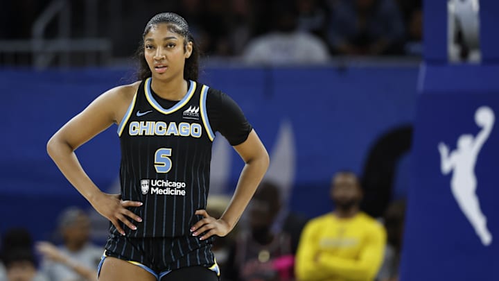 Chicago Sky forward Angel Reese (5) looks on during the first half of a basketball game against the Las Vegas Aces.