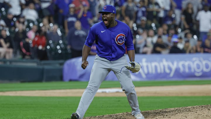 Aug 10, 2024; Chicago, Illinois, USA; Chicago Cubs relief pitcher Hector Neris (51) reacts after delivering a final out against the Chicago White Sox during the ninth inning at Guaranteed Rate Field. Mandatory Credit: Kamil Krzaczynski-USA TODAY Sports