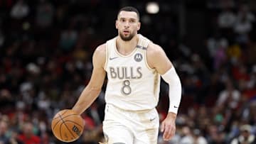 Dec 21, 2024; Chicago, Illinois, USA; Chicago Bulls guard Zach LaVine (8) brings the ball up court against the Boston Celtics