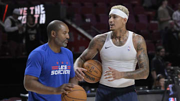 Oct 6, 2024; Montreal, Quebec, CAN; Washington Wizards small forward Kyle Kuzma (33) warms up before the game against the Toronto Raptors at the Bell Centre. Mandatory Credit: Eric Bolte-Imagn Images