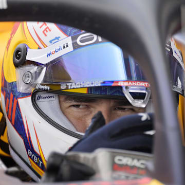 Jun 8, 2024; Montreal, Quebec, CAN; Red Bull Racing driver Sergio Perez (MEX) in the pit lane at Circuit Gilles Villeneuve. Mandatory Credit: Eric Bolte-Imagn Images