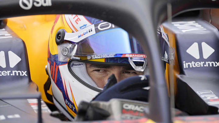 Jun 8, 2024; Montreal, Quebec, CAN; Red Bull Racing driver Sergio Perez (MEX) in the pit lane at Circuit Gilles Villeneuve. Mandatory Credit: Eric Bolte-Imagn Images